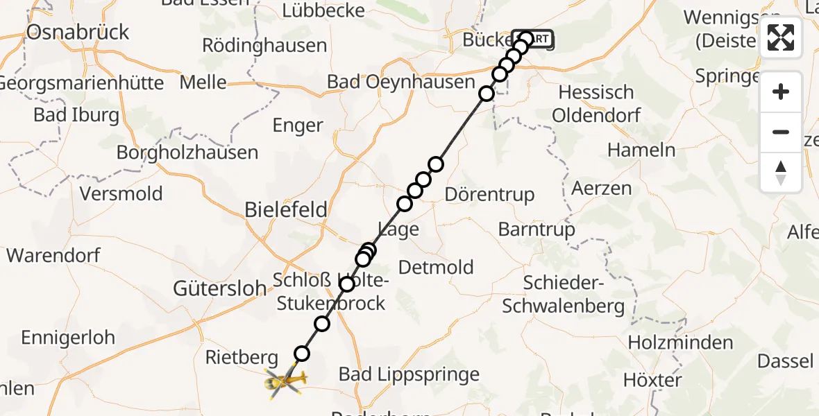 Flugroute Rettungshubschrauber Obernkirchen - Delbrück, 20 Juli 2026, 15:04