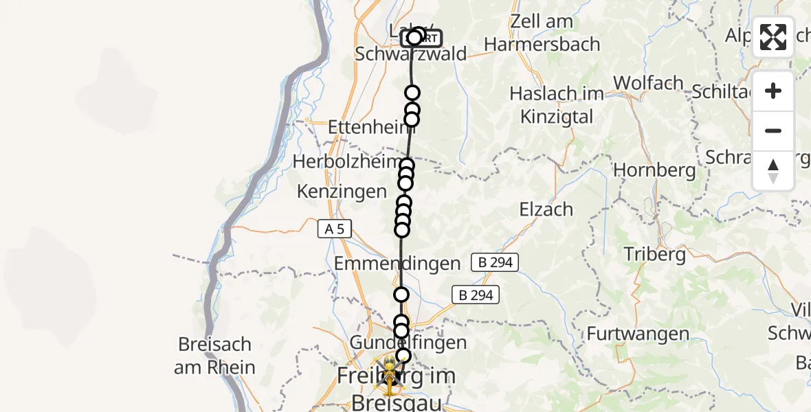 Flugroute Rettungshubschrauber Ortenau Hospital Lahr-Ettenheim - Freiburg University Hospital Heliport 1, 20 Juli 2026, 15:05