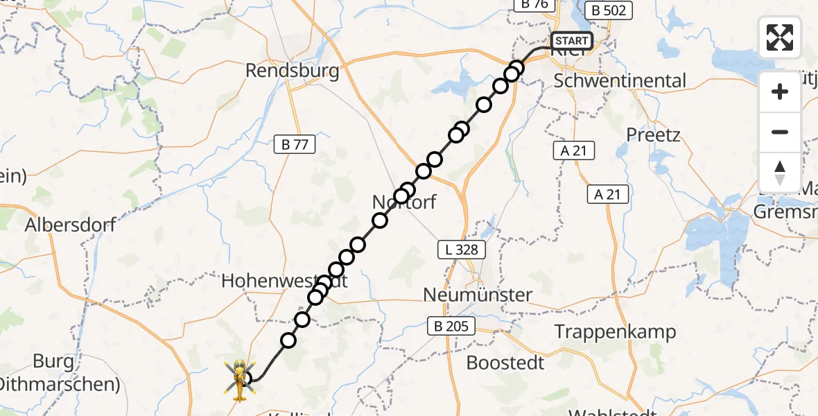 Flugroute Rettungshubschrauber Kiel - Itzehoe Hungriger Wolf Flugplatz, 20 Juli 2026, 15:10