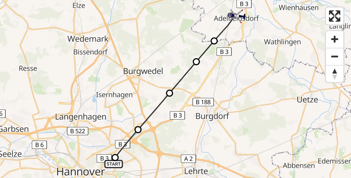 Flugroute Polizeihubschrauber Hannover Luftrettung Hubschrauberlandeplatz (Christoph 4) - Adelheidsdorf, 20 Juli 2026, 15:11