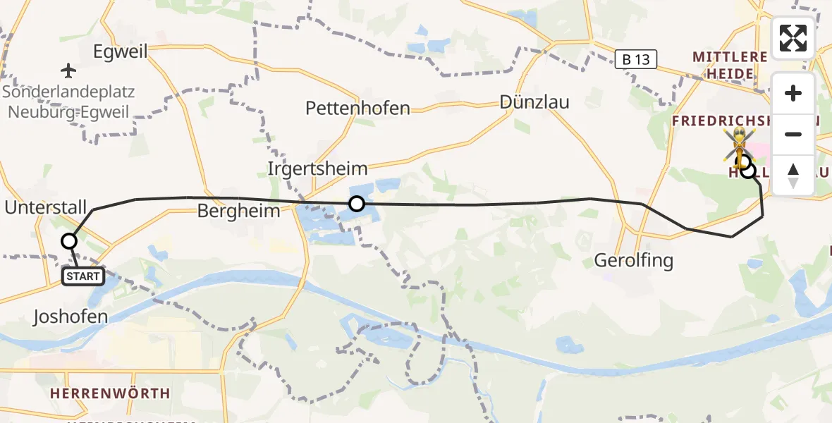 Flugroute Rettungshubschrauber Neuburg a.d.Donau - Ingolstadt Hospital, 20 Juli 2026, 15:13