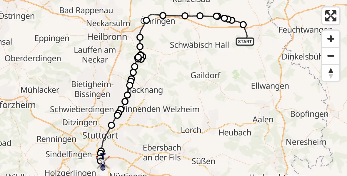 Flugroute Polizeihubschrauber Crailsheim - Flughafen Stuttgart, 20 Juli 2026, 15:15