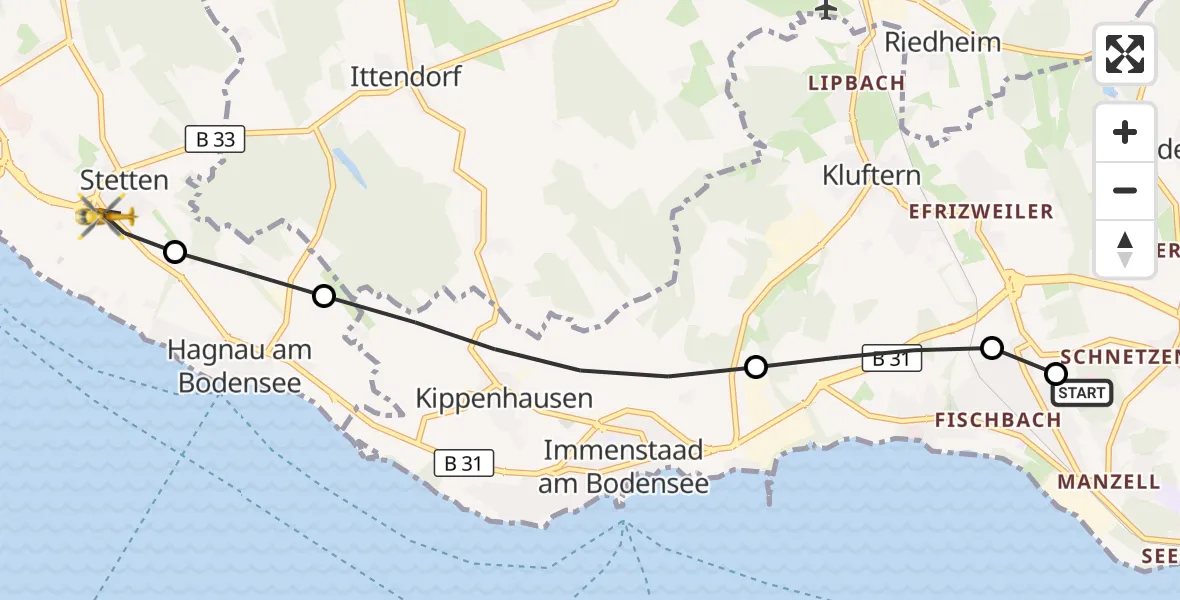 Flugroute Rettungshubschrauber Friedrichshafen Hospital - Stetten, 20 Juli 2026, 15:16