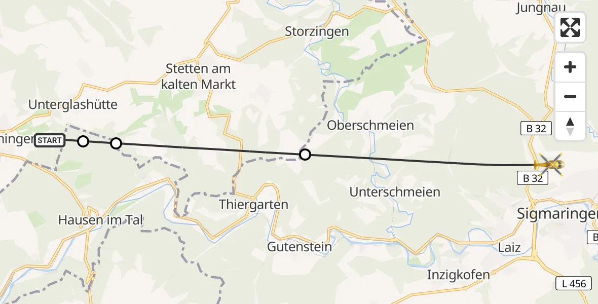Flugroute Ambulanzhubschrauber Schwenningen - Sigmaringen, 20 Juli 2026, 15:17