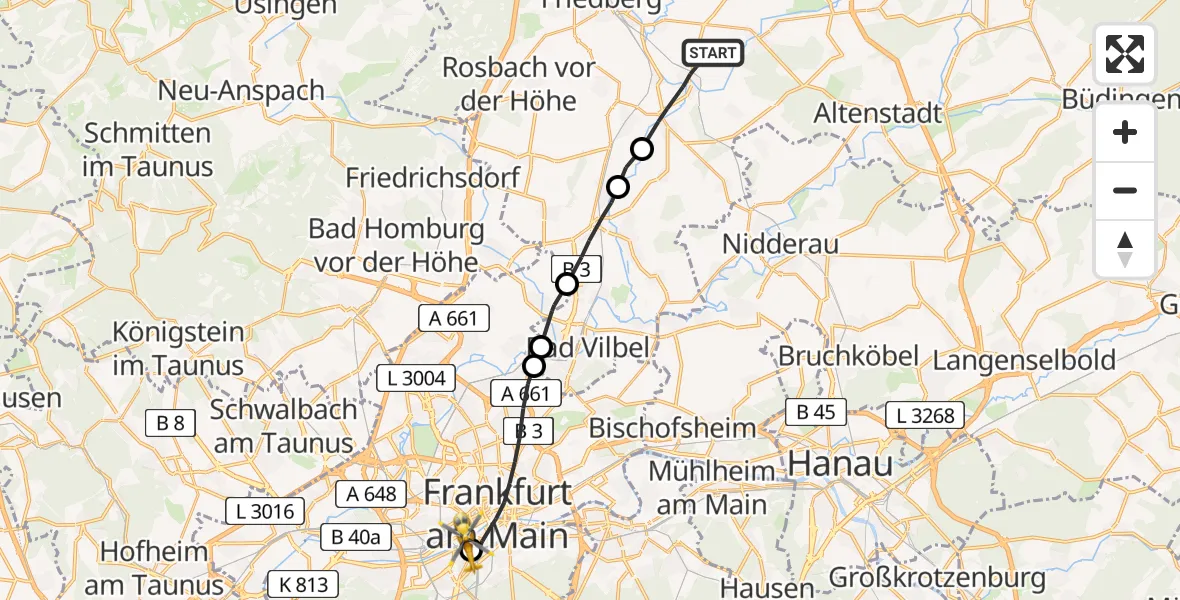 Flugroute Ambulanzhubschrauber Niddatal - Frankfurt University Hospital, 20 Juli 2026, 15:18