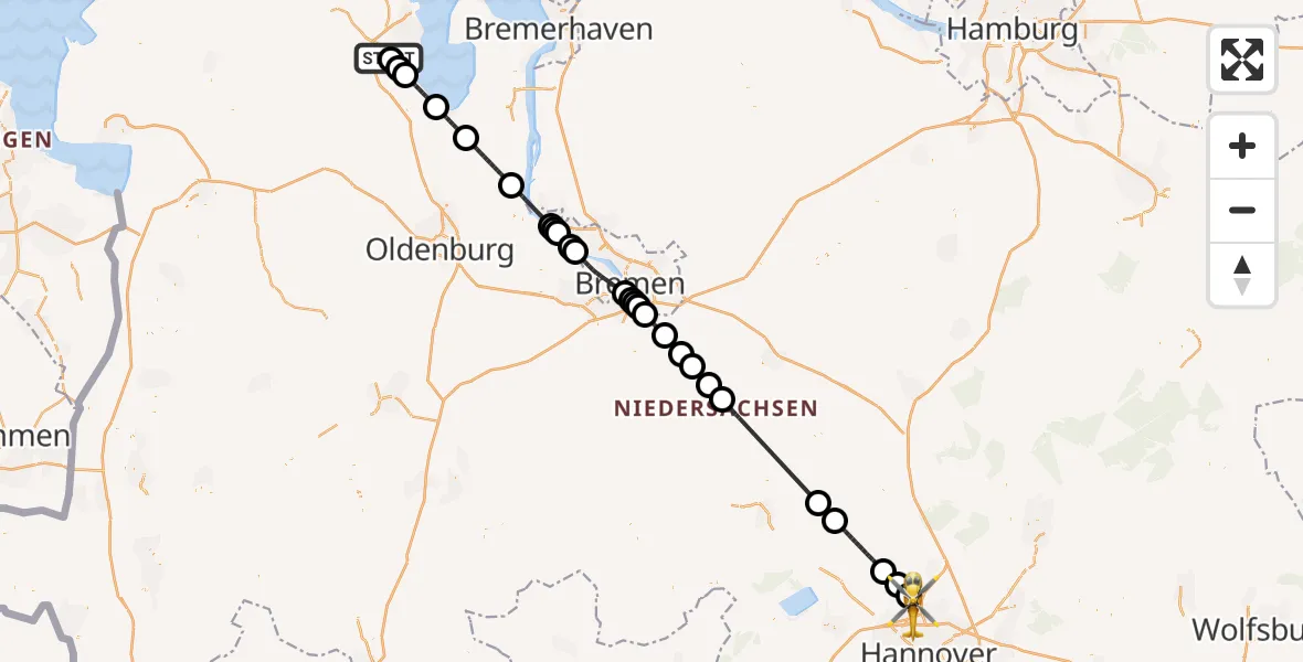 Flugroute Rettungshubschrauber JadeWeser Flughafen - Flughafen Hannover, 20 Juli 2026, 15:21