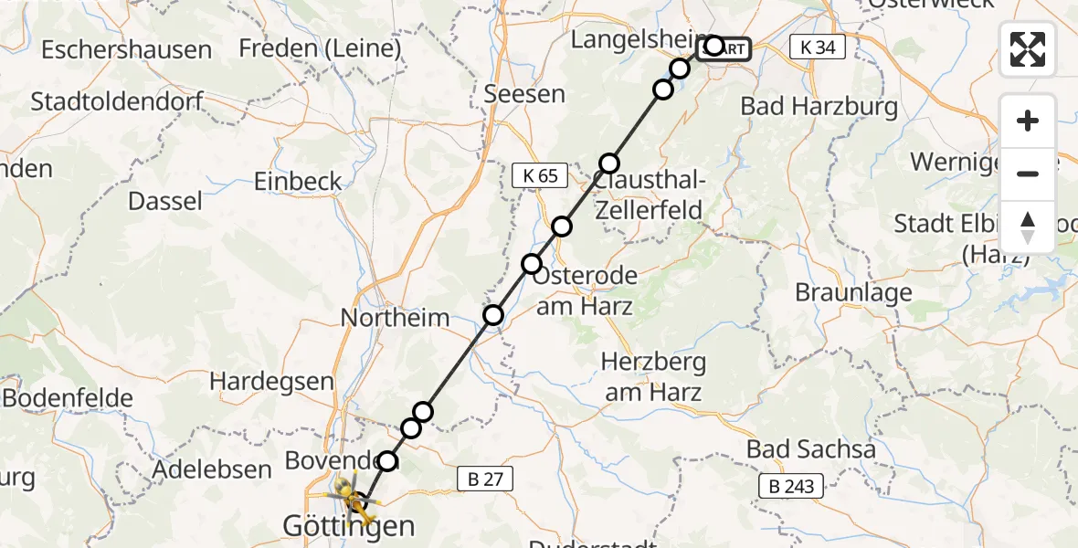 Flugroute Rettungshubschrauber Goslar Militärflugplatz - Göttingen University Clinic Hubschrauberlandeplatz, 20 Juli 2026, 15:26