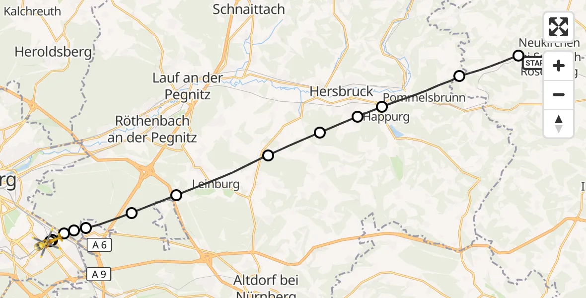 Flugroute Ambulanzhubschrauber Neukirchen b.Sulzbach-Rosenberg - Nürnberg South Hospital, 20 Juli 2026, 15:31