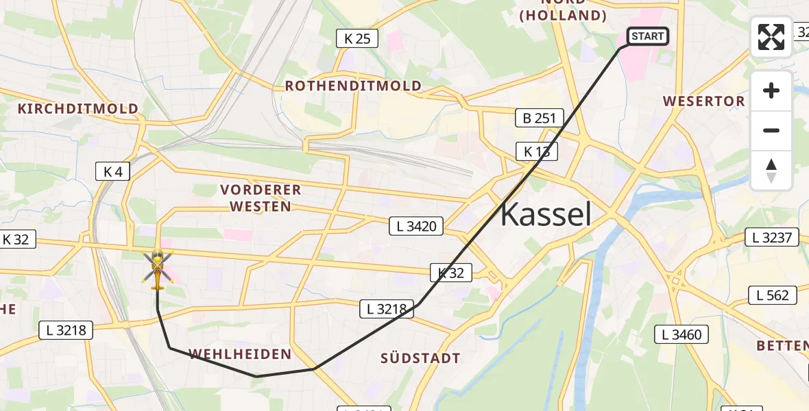 Flugroute Rettungshubschrauber Kassel - Kassel, 20 Juli 2026, 15:33