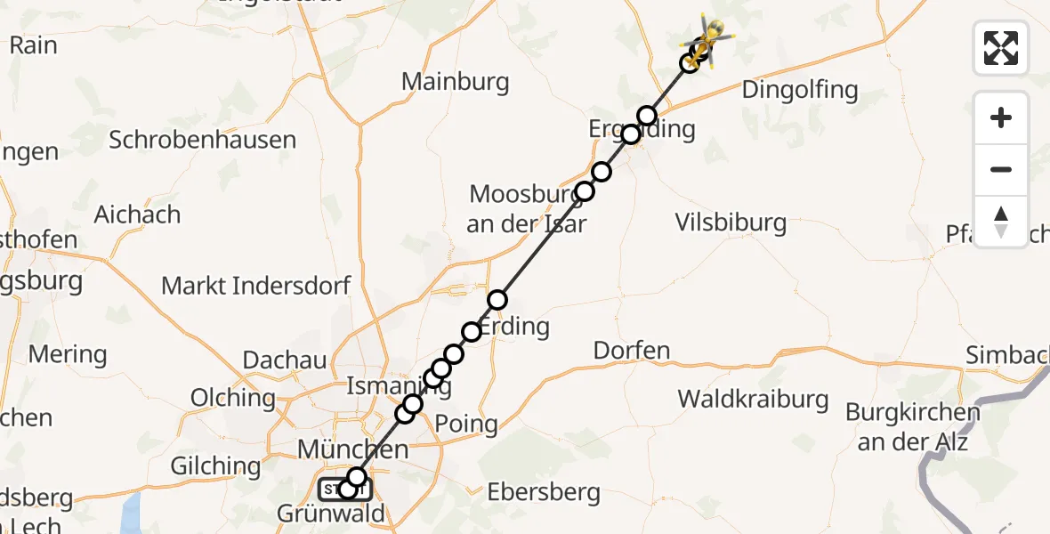Flugroute Rettungshubschrauber ADAC Air Rescue Center Hubschrauberlandeplatz (Christoph 1) - Postau, 20 Juli 2026, 15:34