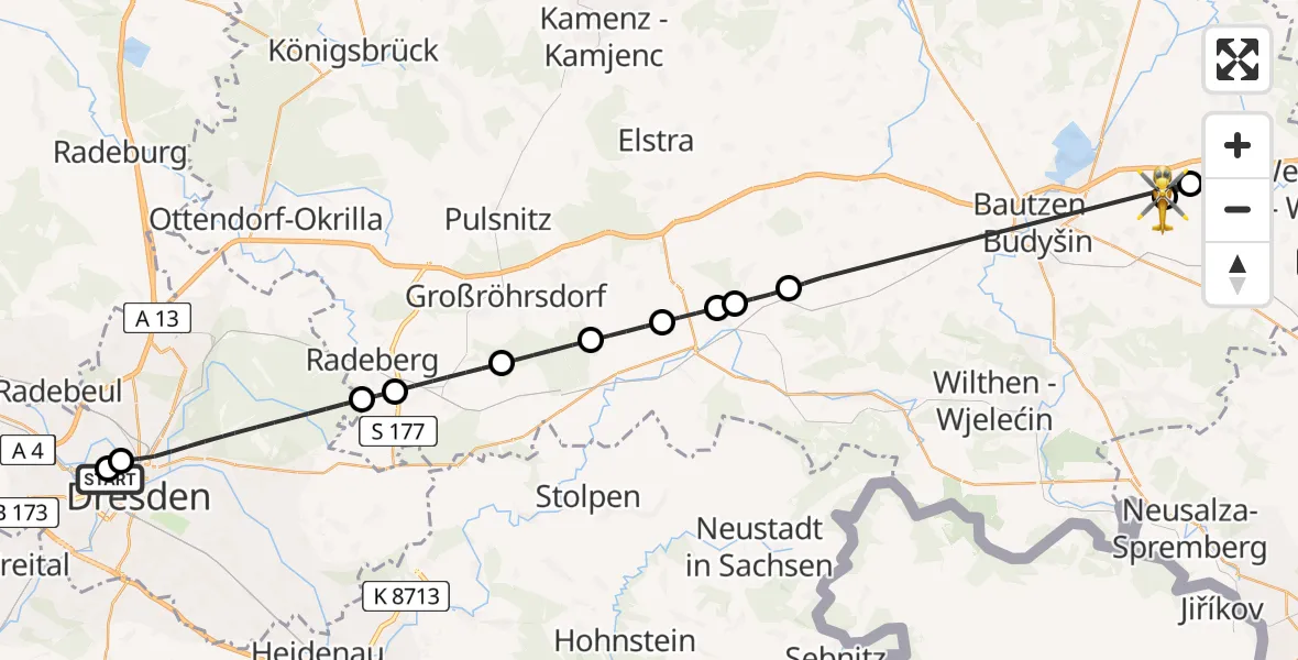 Flugroute Rettungshubschrauber Dresden Friedrichstadt Hospital - Bautzen Flugplatz, 20 Juli 2026, 15:34