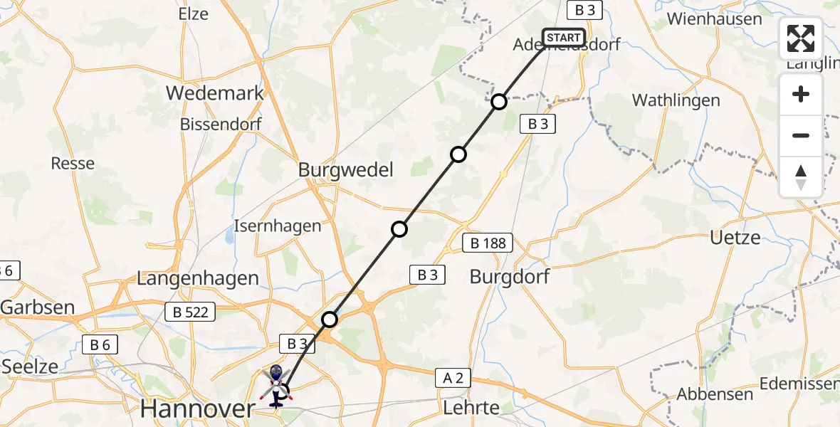 Flugroute Polizeihubschrauber Adelheidsdorf - Hannover Luftrettung Hubschrauberlandeplatz (Christoph 4), 20 Juli 2026, 15:35