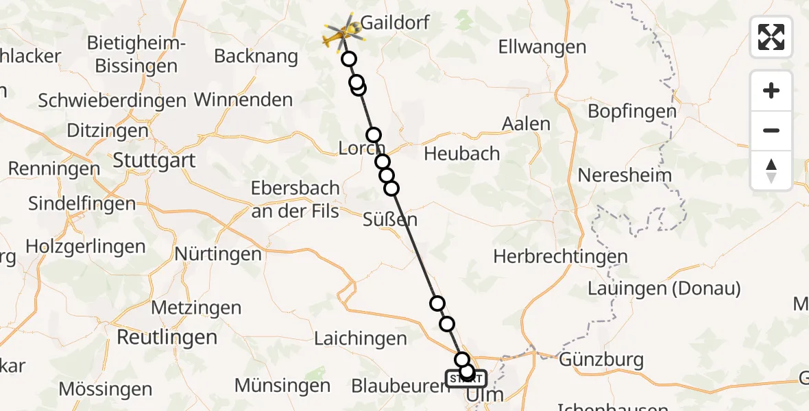 Flugroute Rettungshubschrauber Ulm Military Hospital Emergency - Murrhardt, 20 Juli 2026, 15:40