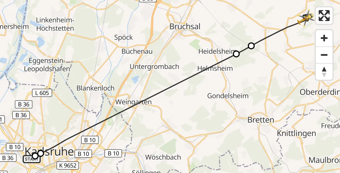 Flugroute Ambulanzhubschrauber Sankt Vincentius Hospital - Kraichtal, 20 Juli 2026, 15:43