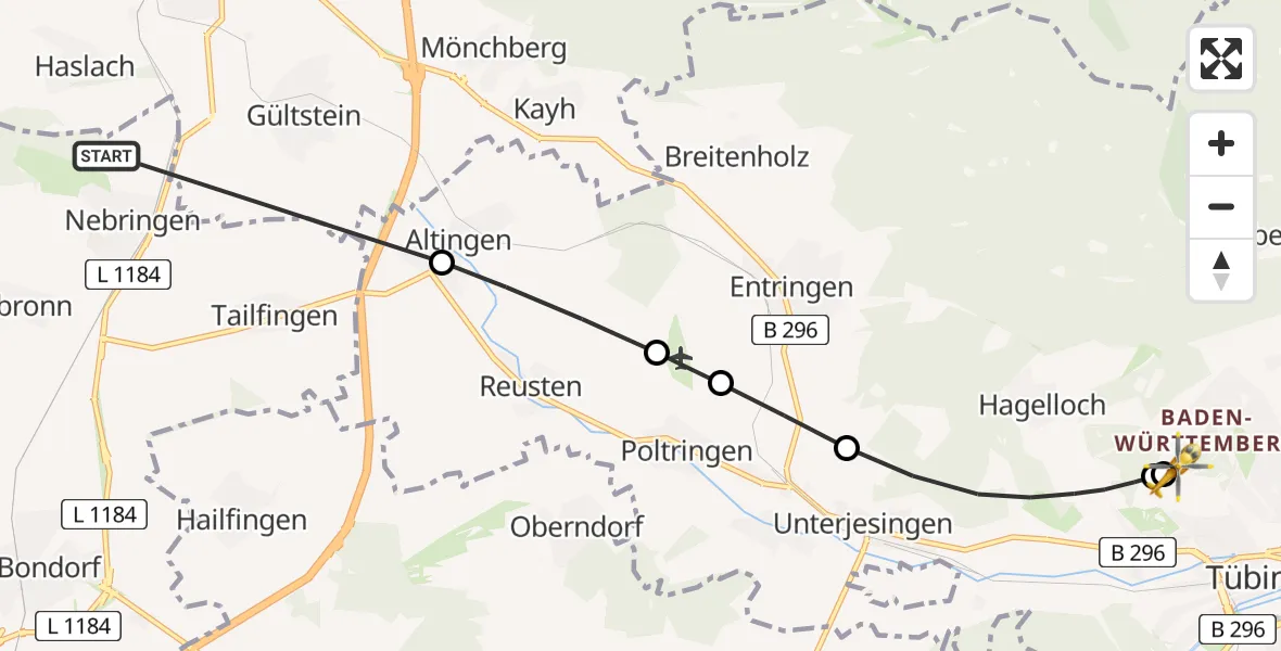 Flugroute Rettungshubschrauber Gäufelden - Tübingen Trauma Hospital, 20 Juli 2026, 15:52