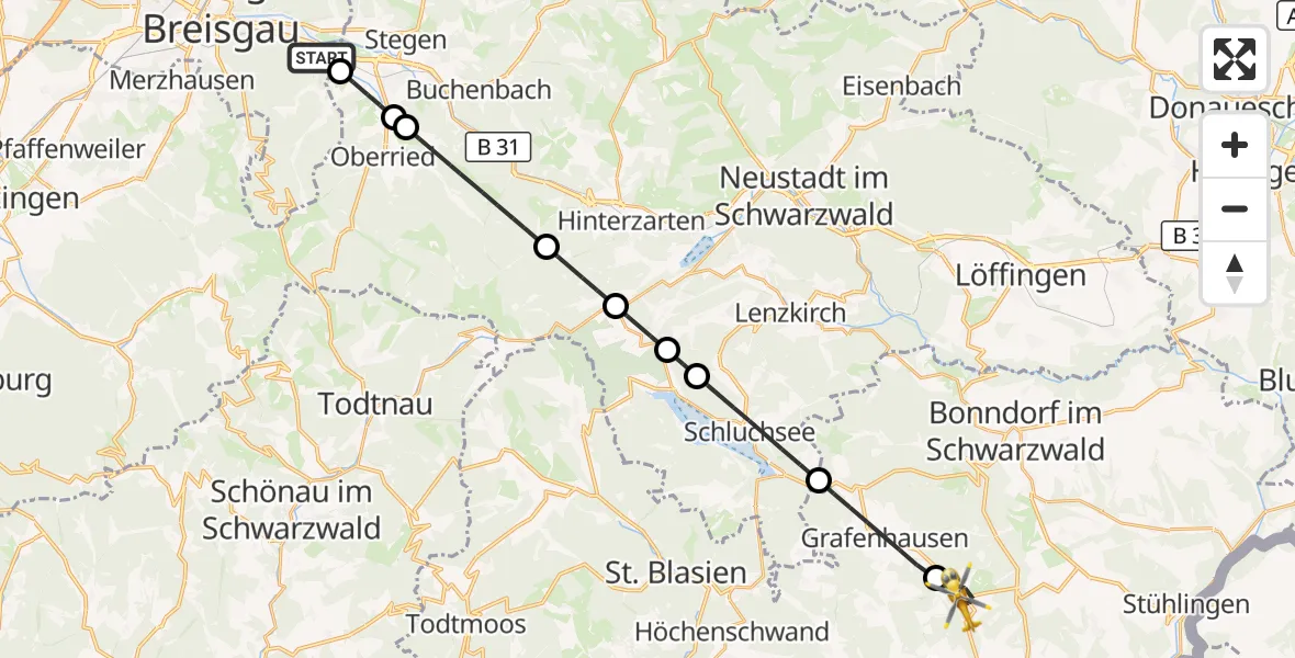 Flugroute Ambulanzhubschrauber Freiburg im Breisgau - Ühlingen-Birkendorf, 20 Juli 2026, 15:52