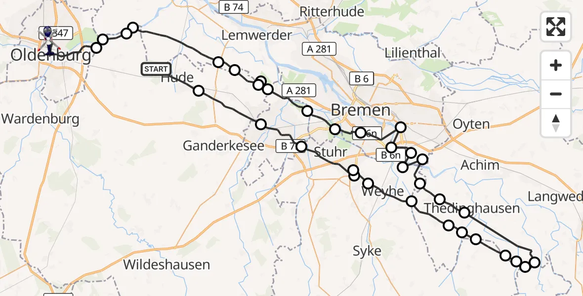 Flugroute Polizeihubschrauber Hude (Oldb) - Oldenburg (Oldb), 20 Juli 2026, 15:52