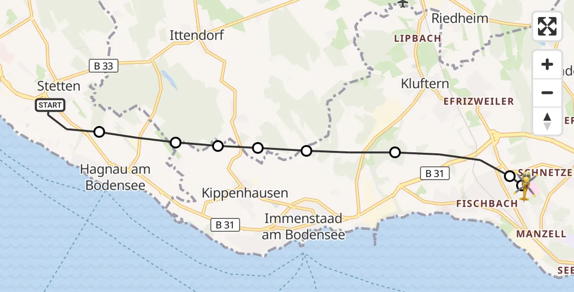 Flugroute Rettungshubschrauber Stetten - Friedrichshafen Hospital, 20 Juli 2026, 15:53