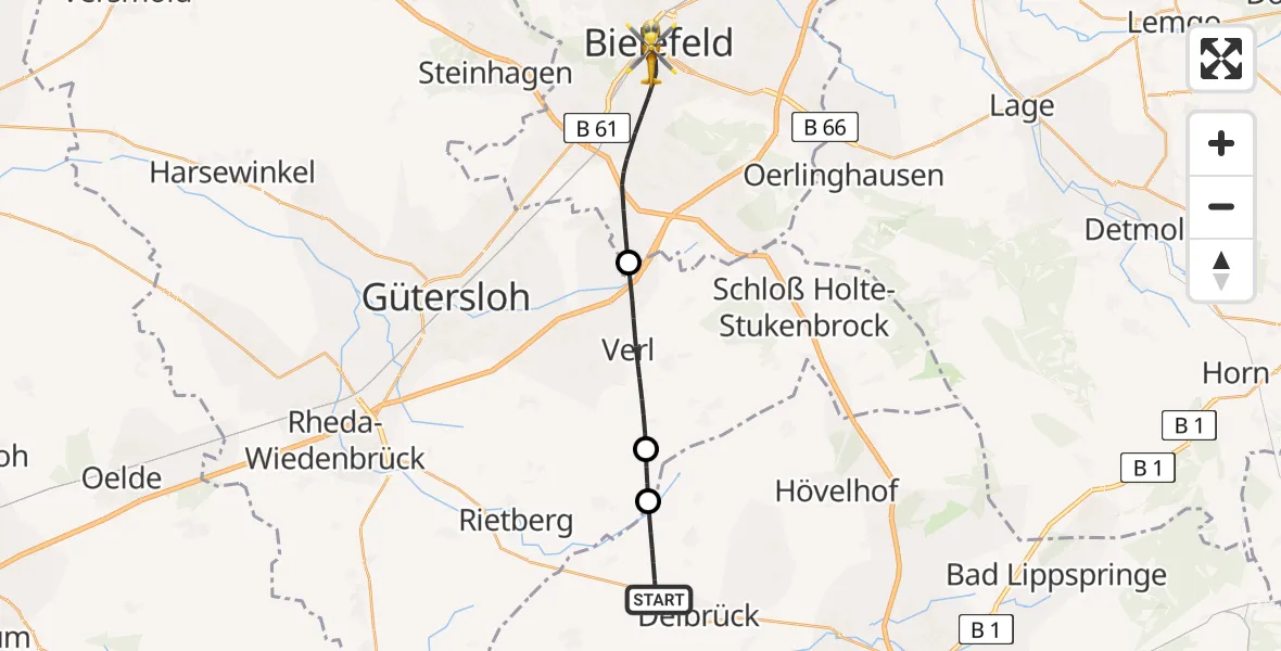 Flugroute Rettungshubschrauber Delbrück - Bielefeld, 20 Juli 2026, 15:53