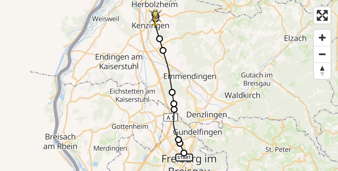 Flugroute Rettungshubschrauber Freiburg University Hospital Heliport 1 - Kenzingen, 20 Juli 2026, 15:57