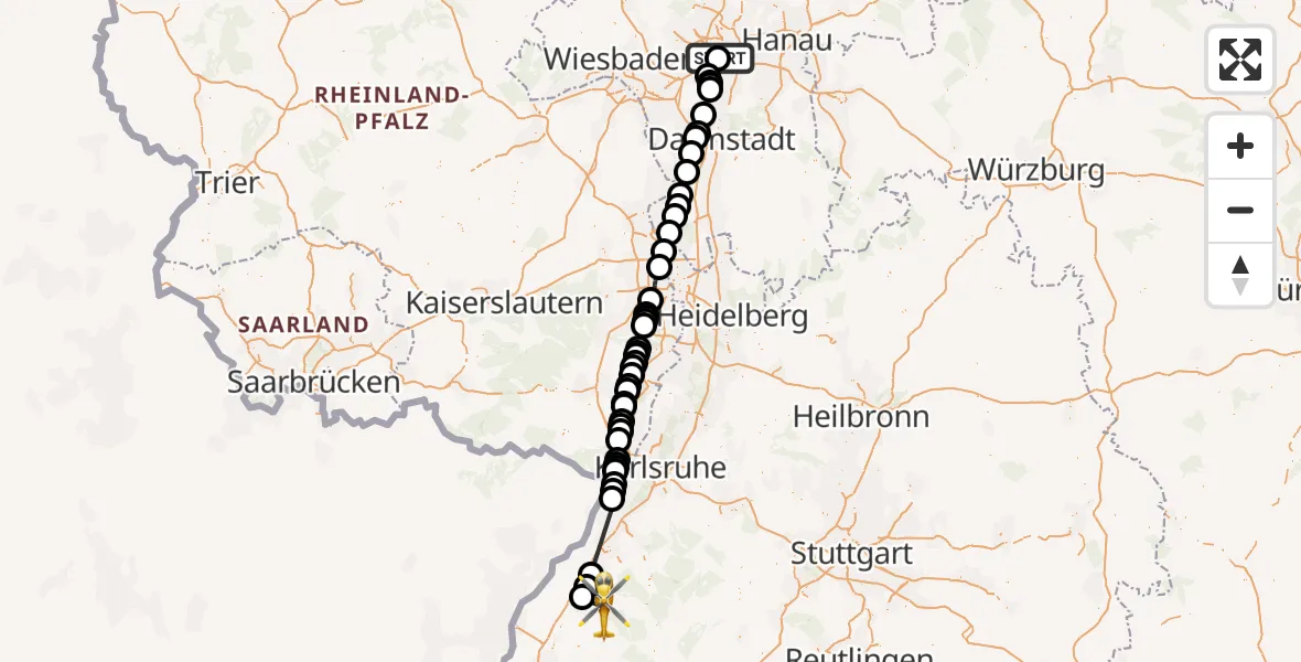Flugroute Ambulanzhubschrauber Frankfurt University Hospital Neurology Clinic - Lauf, 20 Juli 2026, 16:02