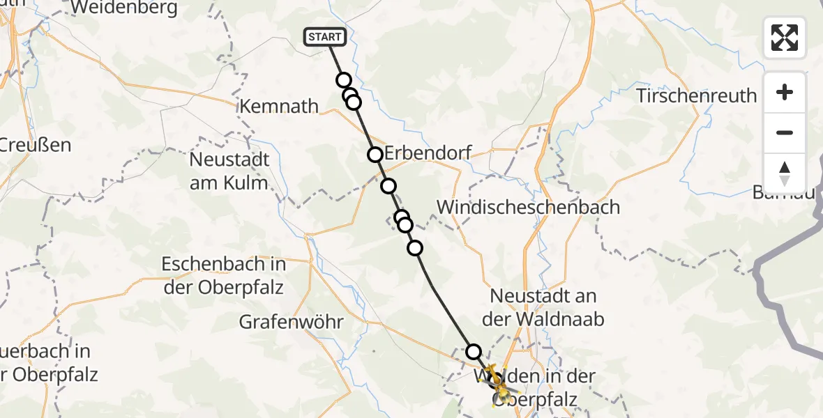 Flugroute Ambulanzhubschrauber Kulmain - Weiden i.d.OPf., 20 Juli 2026, 16:18