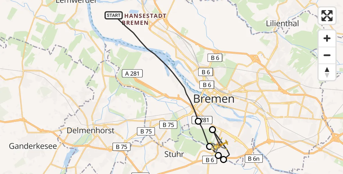 Flugroute Rettungshubschrauber Bremen - ADAC Air Rescue Station Bremen Hubschrauberlandeplatz (Christoph 6), 20 Juli 2026, 16:20