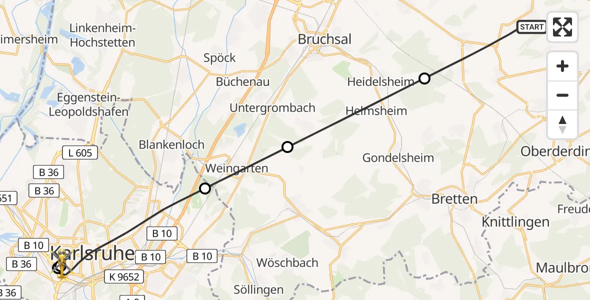 Flugroute Ambulanzhubschrauber Kraichtal - Sankt Vincentius Hospital, 20 Juli 2026, 16:20
