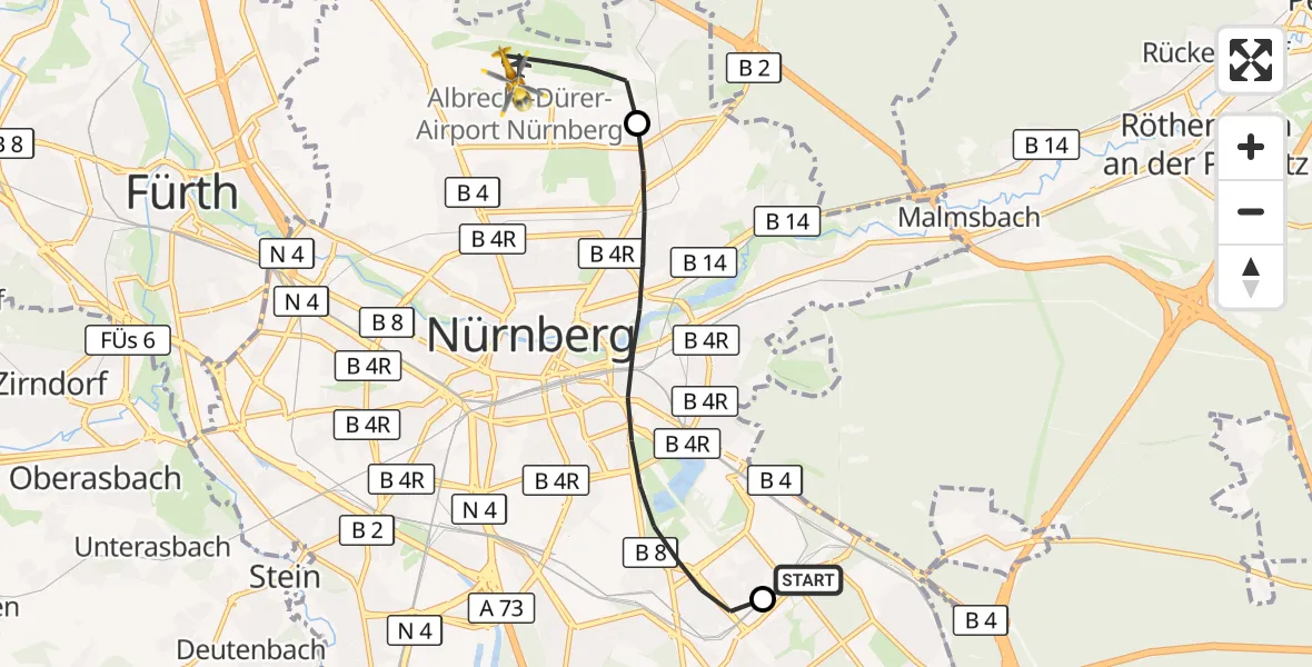 Flugroute Ambulanzhubschrauber Nürnberg South Hospital - Flughafen Nuremberg, 20 Juli 2026, 16:22