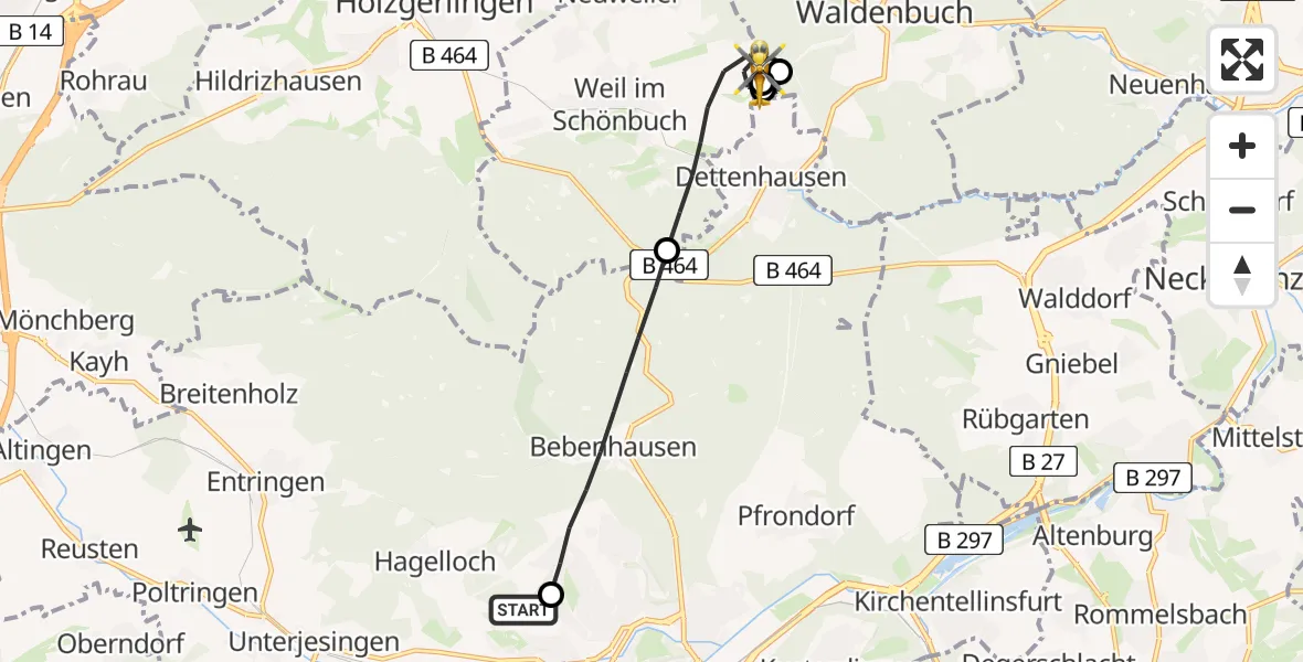 Flugroute Rettungshubschrauber Tübingen Trauma Hospital - Weil im Schönbuch, 20 Juli 2026, 16:23