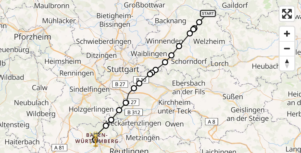 Flugroute Rettungshubschrauber Murrhardt - Tübingen Trauma Hospital, 20 Juli 2026, 16:23