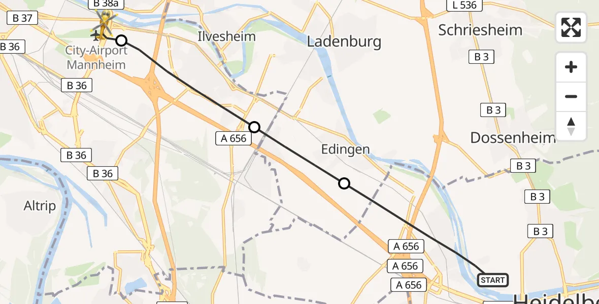Flugroute Rettungshubschrauber Heidelberg - Mannheim-City Flughafen, 20 Juli 2026, 16:25