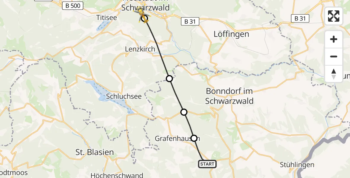Flugroute Ambulanzhubschrauber Ühlingen-Birkendorf - Titisee-Neustadt, 20 Juli 2026, 16:26