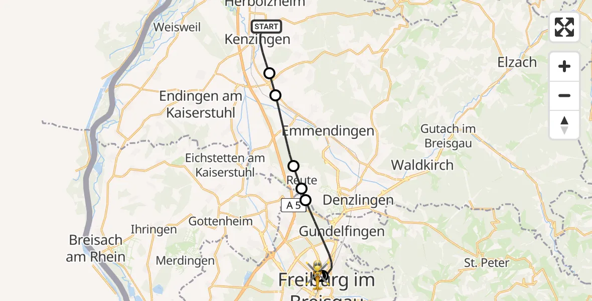Flugroute Rettungshubschrauber Kenzingen - Freiburg University Hospital Heliport 1, 20 Juli 2026, 16:26