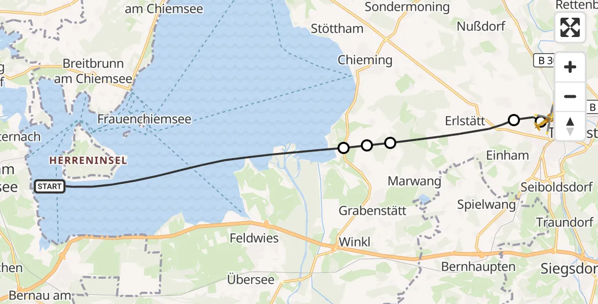 Flugroute Rettungshubschrauber Chiemsee (See) - Traunstein Hospital, 20 Juli 2026, 16:32