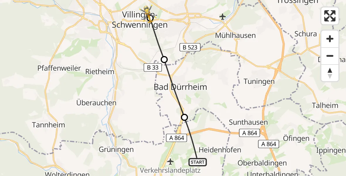 Flugroute Ambulanzhubschrauber Donaueschingen - DRF Air Rescue Station Villingen-Schwenningen Hubschrauberlandeplatz (Christoph 11), 20 Juli 2026, 16:32