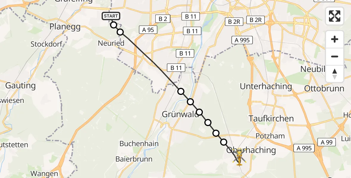 Flugroute Rettungshubschrauber DRF Air Rescue München Hubschrauberlandeplatz - Oberhaching, 20 Juli 2026, 16:32