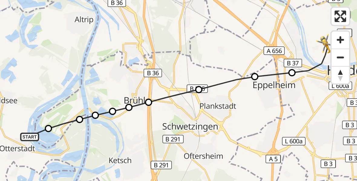 Flugroute Rettungshubschrauber Otterstadt - Heidelberg, 20 Juli 2026, 16:37