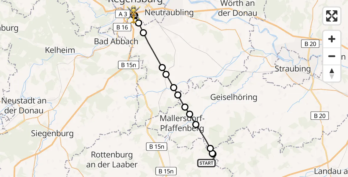 Flugroute Rettungshubschrauber Bayerbach b.Ergoldsbach - DRF Air Rescue Station Regensburg / Regensburg University Hospital, 20 Juli 2026, 16:38