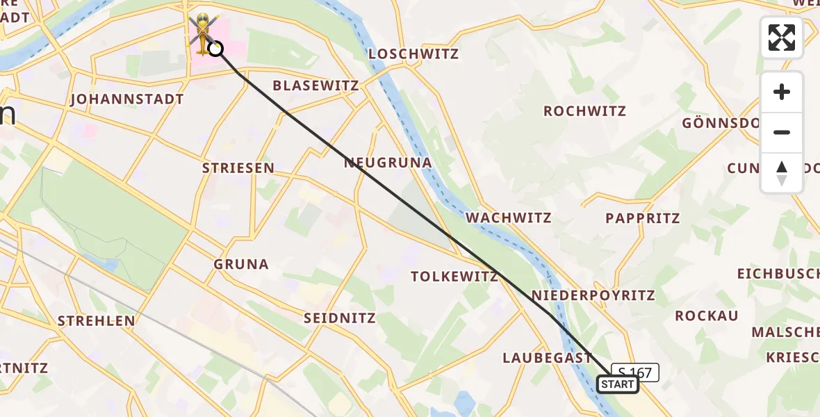 Flugroute Rettungshubschrauber Dresden - Dresden University Hospital, 20 Juli 2026, 16:45