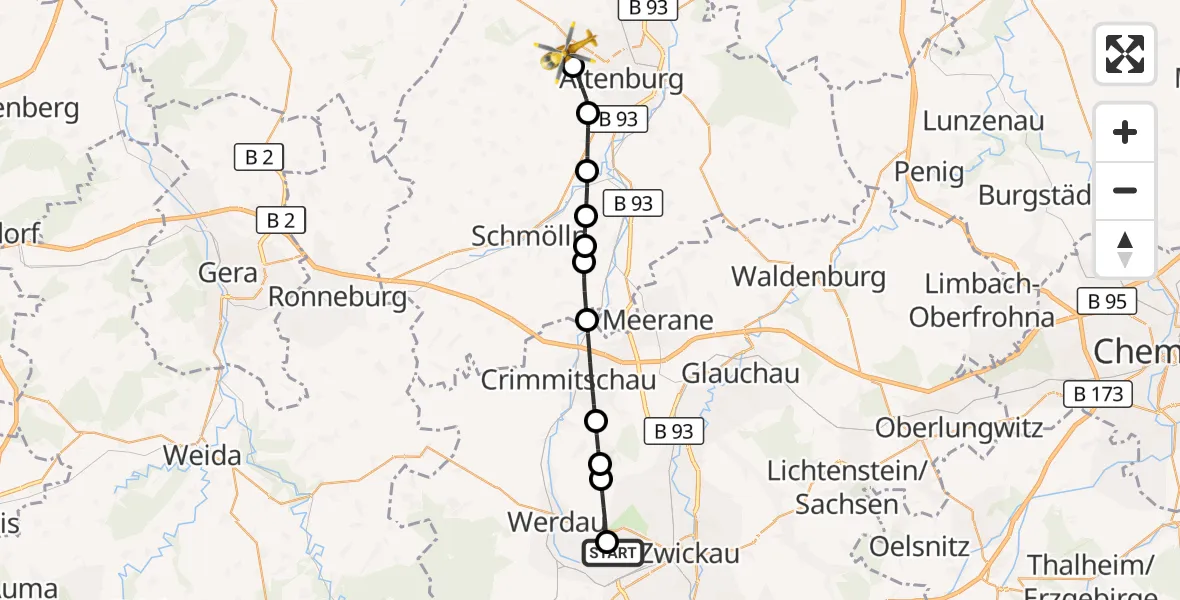 Flugroute Rettungshubschrauber ADAC Air Rescue Station Zwickau Hubschrauberlandeplatz - Lödla, 20 Juli 2026, 16:45