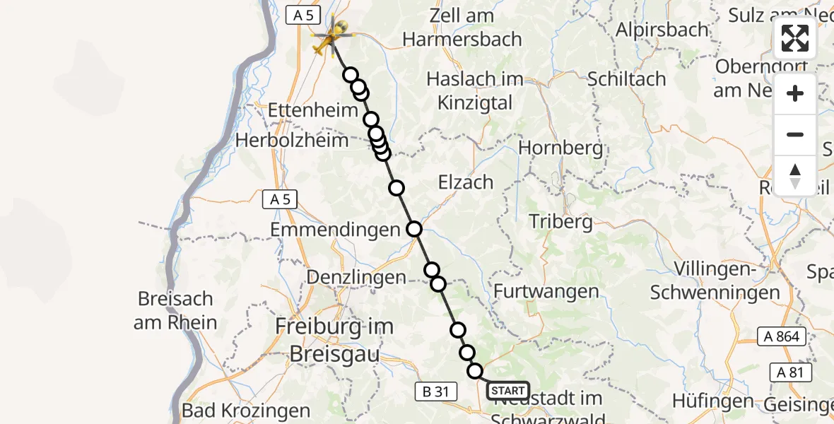 Flugroute Ambulanzhubschrauber Breitnau - Lahr/Schwarzwald, 20 Juli 2026, 16:52
