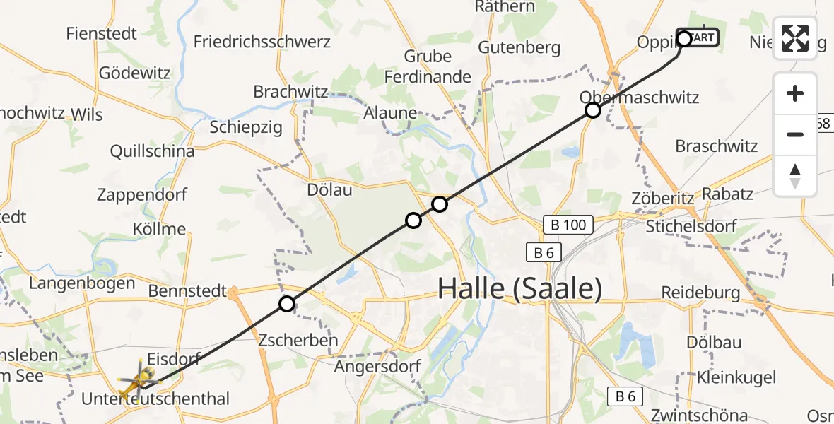 Flugroute Rettungshubschrauber Halle-Oppin Flugplatz - Teutschenthal, 20 Juli 2026, 16:55