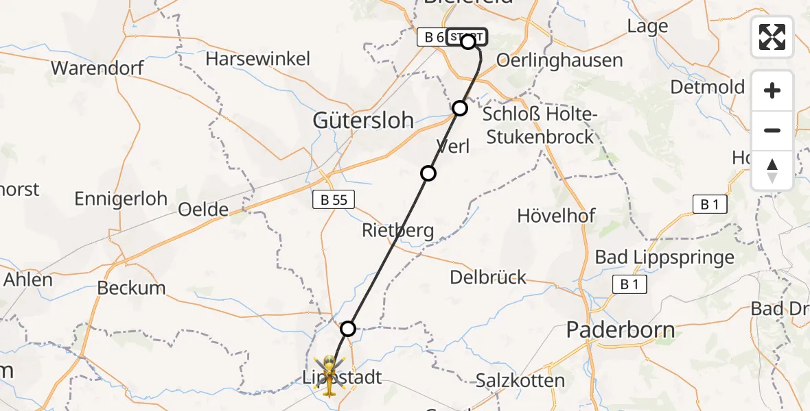 Flugroute Rettungshubschrauber Luftrettungszentrum Bielefeld - Lippstadt, 20 Juli 2026, 16:56