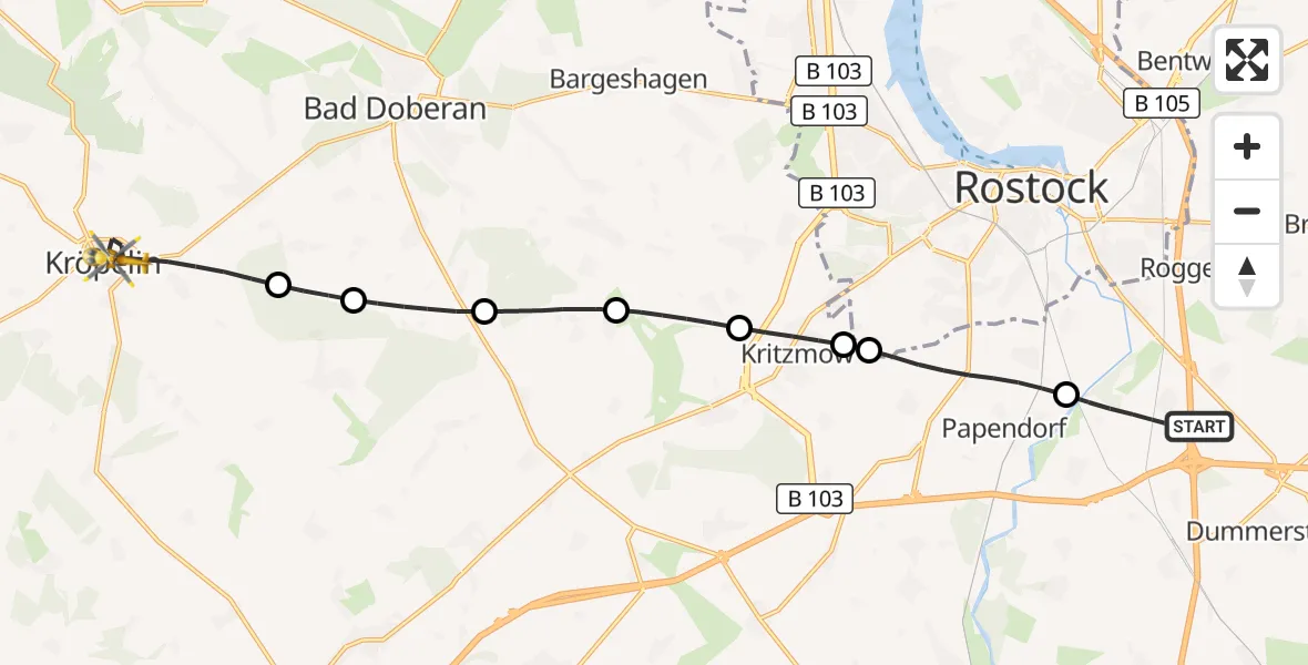 Flugroute Ambulanzhubschrauber Dummerstorf - Kröpelin, 20 Juli 2026, 17:00