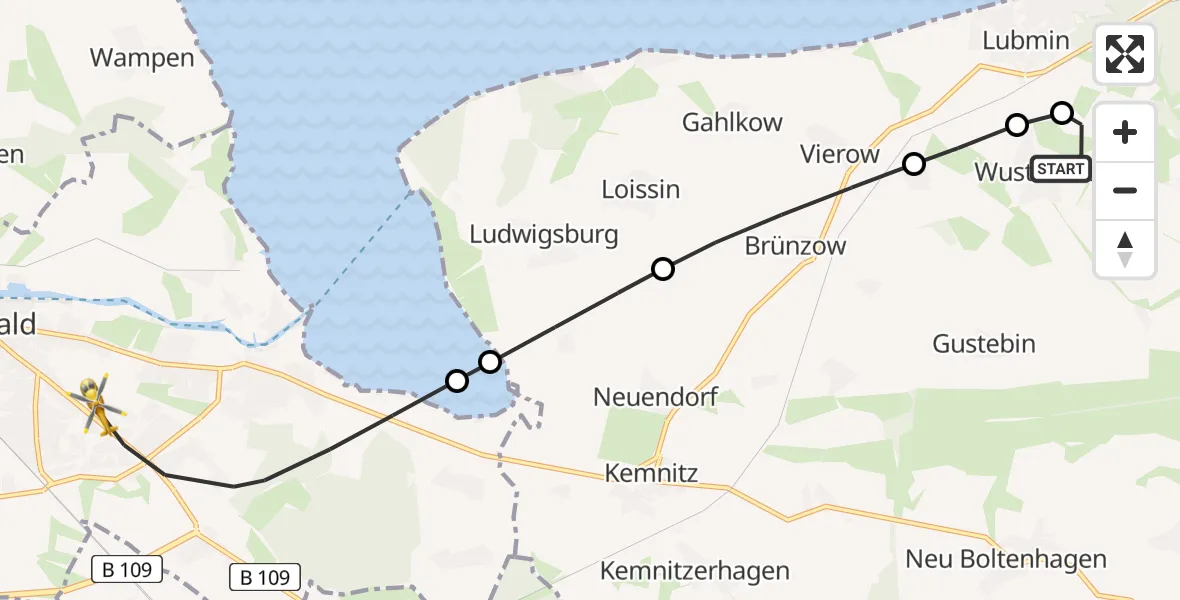 Flugroute Rettungshubschrauber Wusterhusen - Greifswald Hospital Hubschrauberlandeplatz, 20 Juli 2026, 17:02