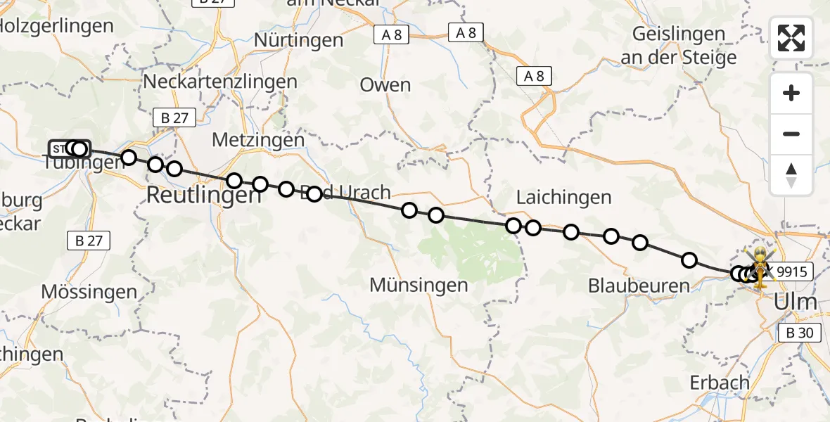 Flugroute Rettungshubschrauber Tübingen Trauma Hospital - ADAC Air Rescue Station Ulm (Christoph 22), 20 Juli 2026, 17:11
