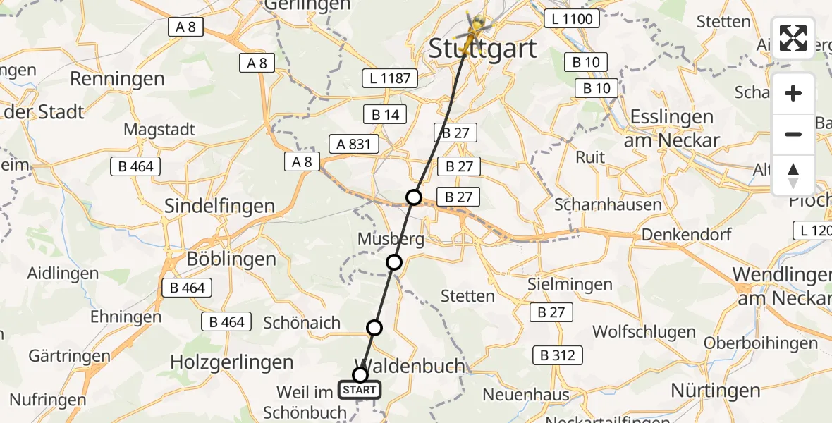 Flugroute Rettungshubschrauber Weil im Schönbuch - Stuttgart, 20 Juli 2026, 17:16