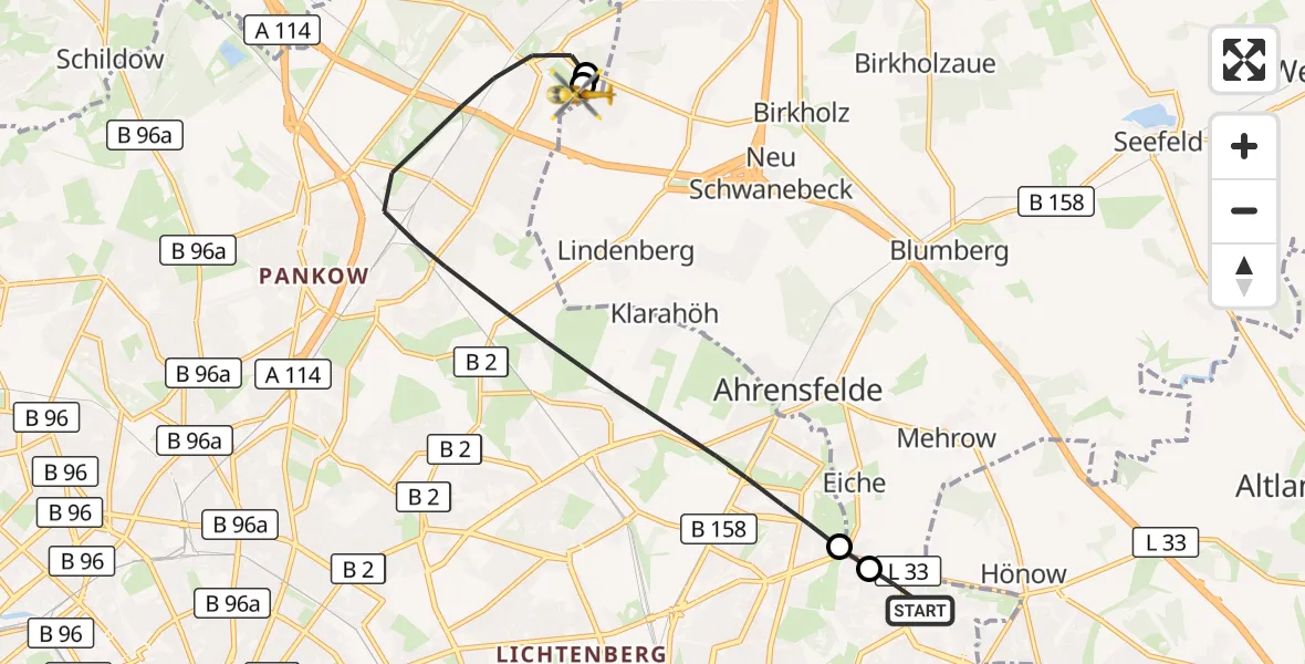 Flugroute Rettungshubschrauber Berlin - Helios Clinic Berlin-Buch, 20 Juli 2026, 17:18