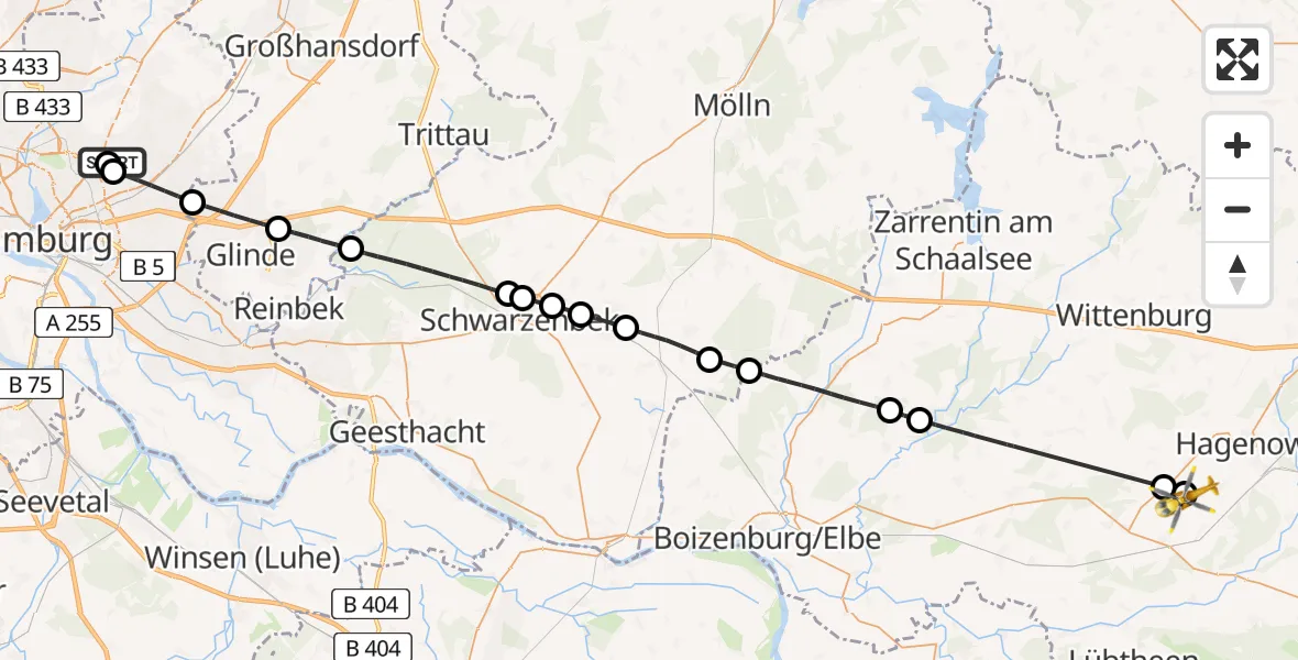 Flugroute Rettungshubschrauber Hamburg Military Hospital - Pätow-Steegen, 20 Juli 2026, 17:19